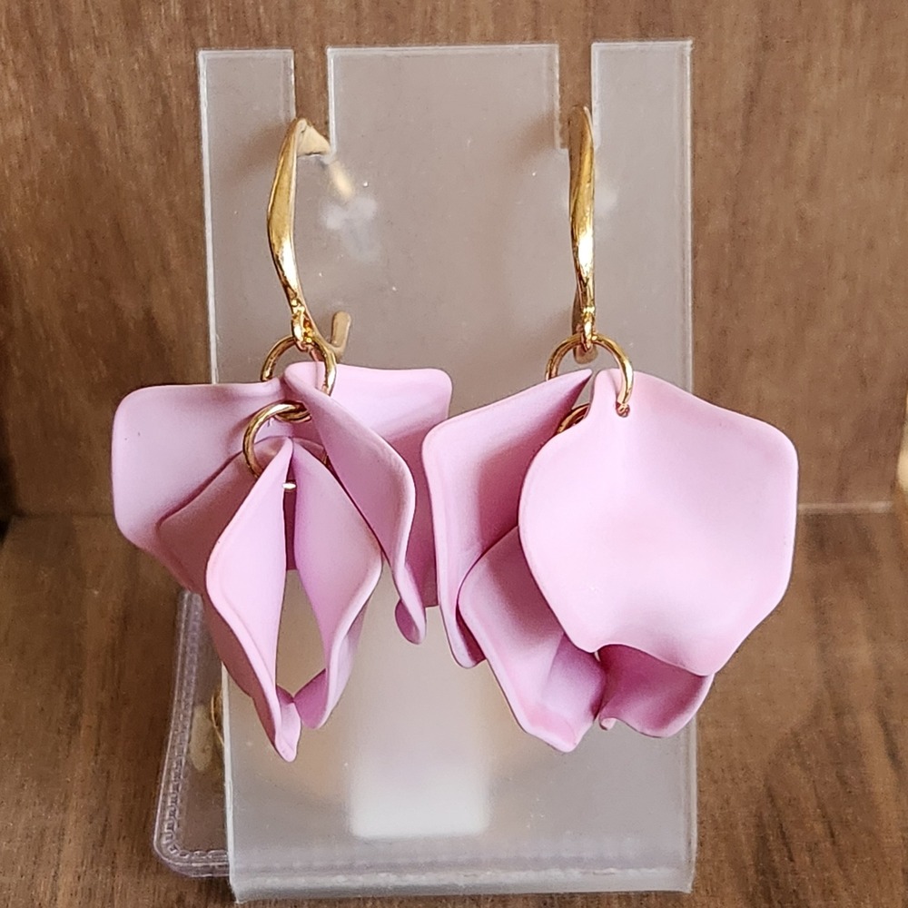 Lavender Flower Petal Drop Earrings Gold Tone Hoop Statement Floral Matte Dangle